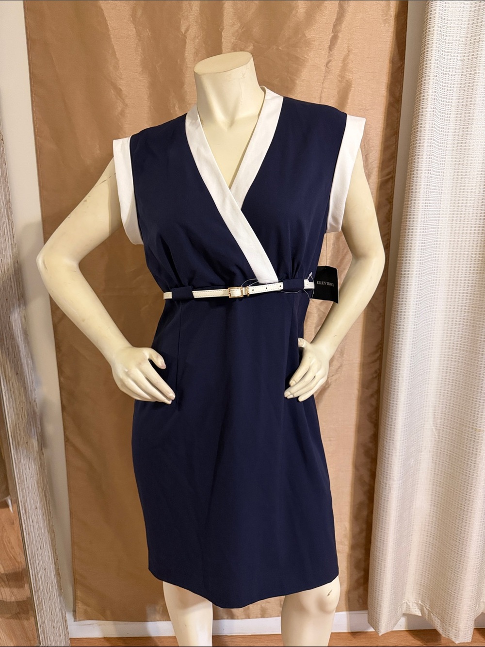 Ellen Tracy Navy Dress with White Trim and Slim Belt
